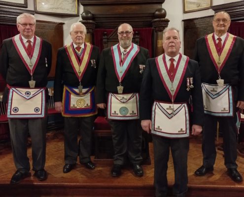 Master, wardens and overseers of Priory Mark Lodge 693 with the Provincial Grand Master's Representative