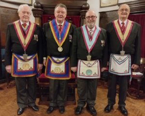 Master and wardens of Priory Mark Lodge 693 with the Provincial Grand Master's Representative
