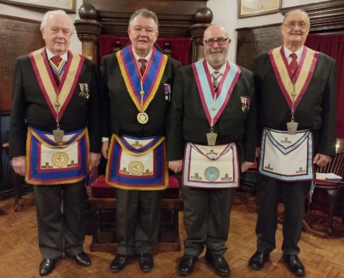 Master and wardens of Priory Mark Lodge 693 with the Provincial Grand Master's Representative