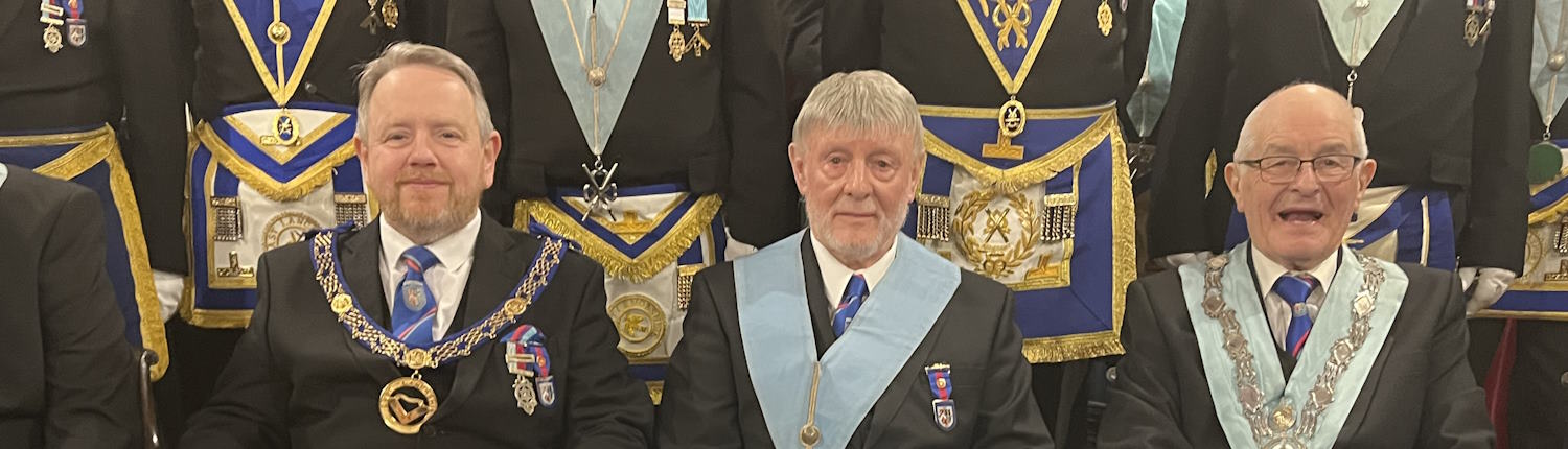 David Blenkinship with Whalley Arches Lodge WM Joseph Cunningham and APGN Dave McGurty (left)