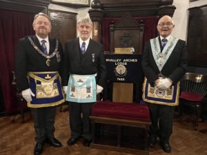 David Blenkinship with Whalley Arches Lodge WM Joseph Cunningham and APGN Dave McGurty
