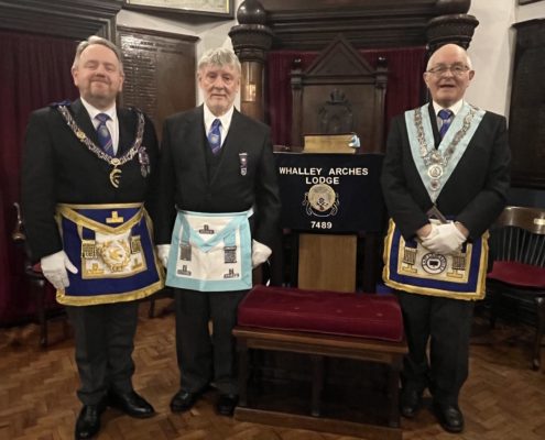 David Blenkinship with Whalley Arches Lodge WM Joseph Cunningham and APGN Dave McGurty