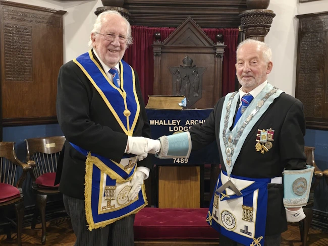 Peter Hollins 50 years a Freemason with WM of Whalley Arches Lodge