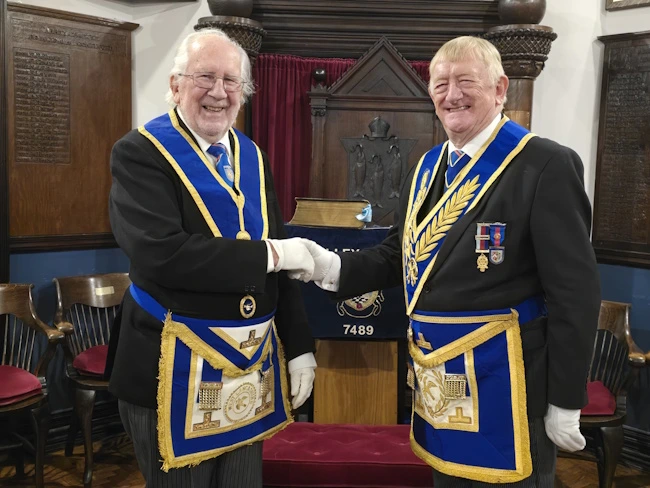 Peter Hollins 50 years a Freemason with his proposer into Whalley Arches Lodge